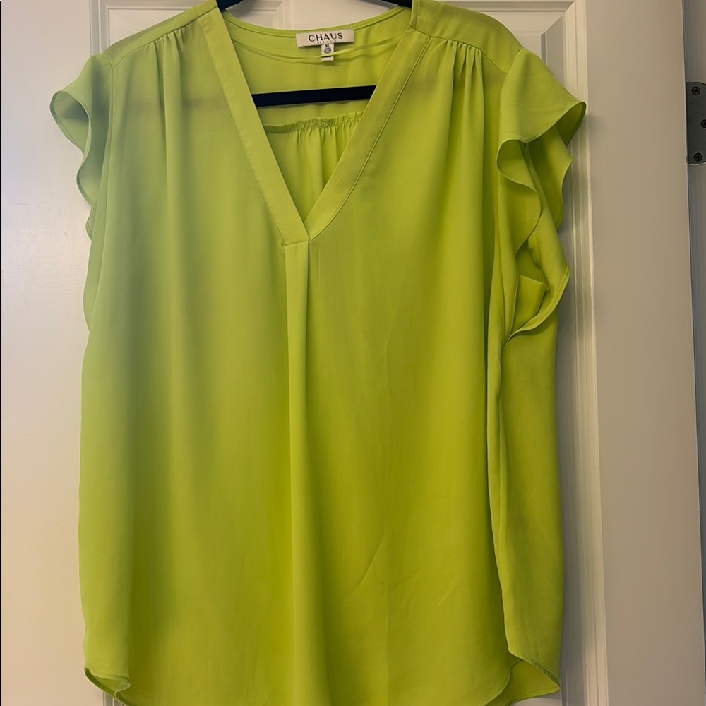 Chaus Green Ruffled Cap Sleeve Blouse